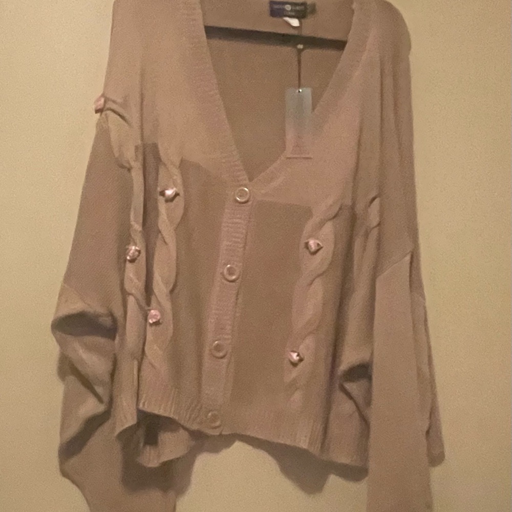 Tan Cardigan Sweater with V-Neck and Relaxed Fit